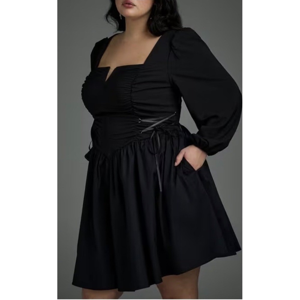 Torrid Nightfall Dress Puff Sleeve Lace Up Sz 26 NWT Black Goth Witchy Sexy